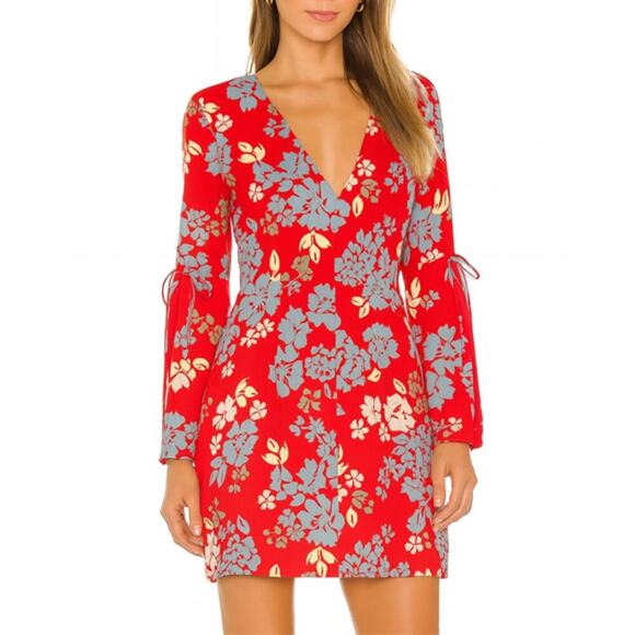 C/MEO Collective Red Blue Floral Split Sleeve Mini Shift Dress Size XS - Picture 1 of 6